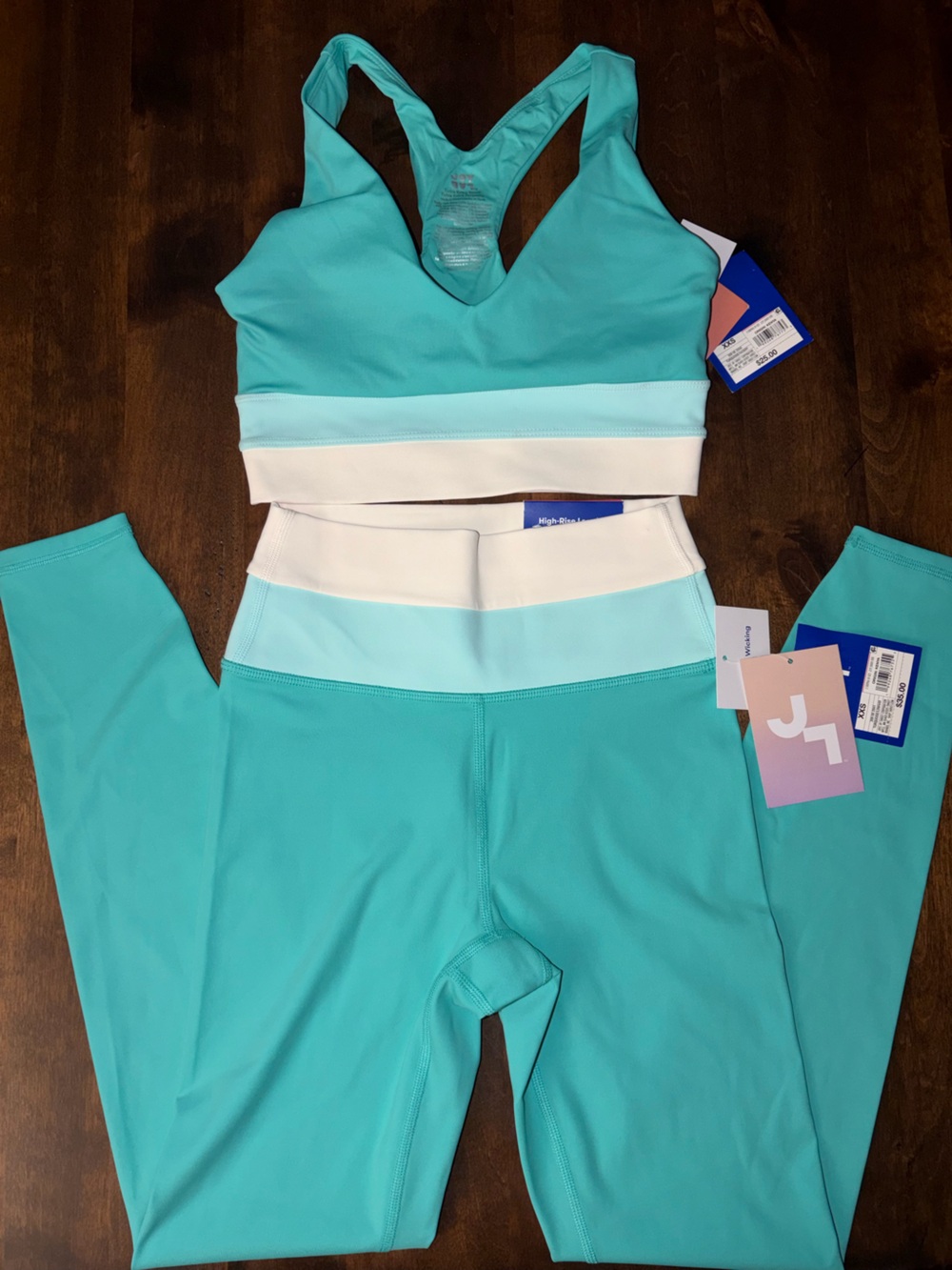 JoyLab Set Activewear Workout Teal Aqua Blue White Legging and Sport Bra NWT XXS